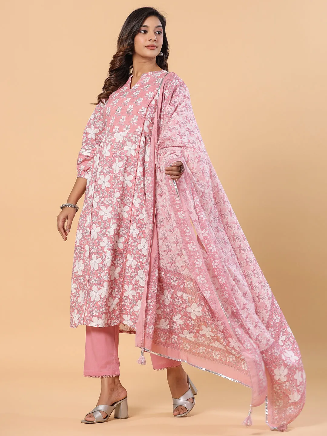 Pink Pure Cotton Floral Print Zari Work Straight Kurta Pant Dupatta Set