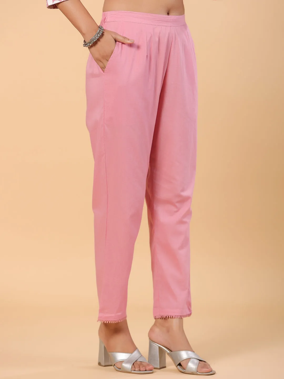 Pink Pure Cotton Floral Print Zari Work Straight Kurta Pant Dupatta Set