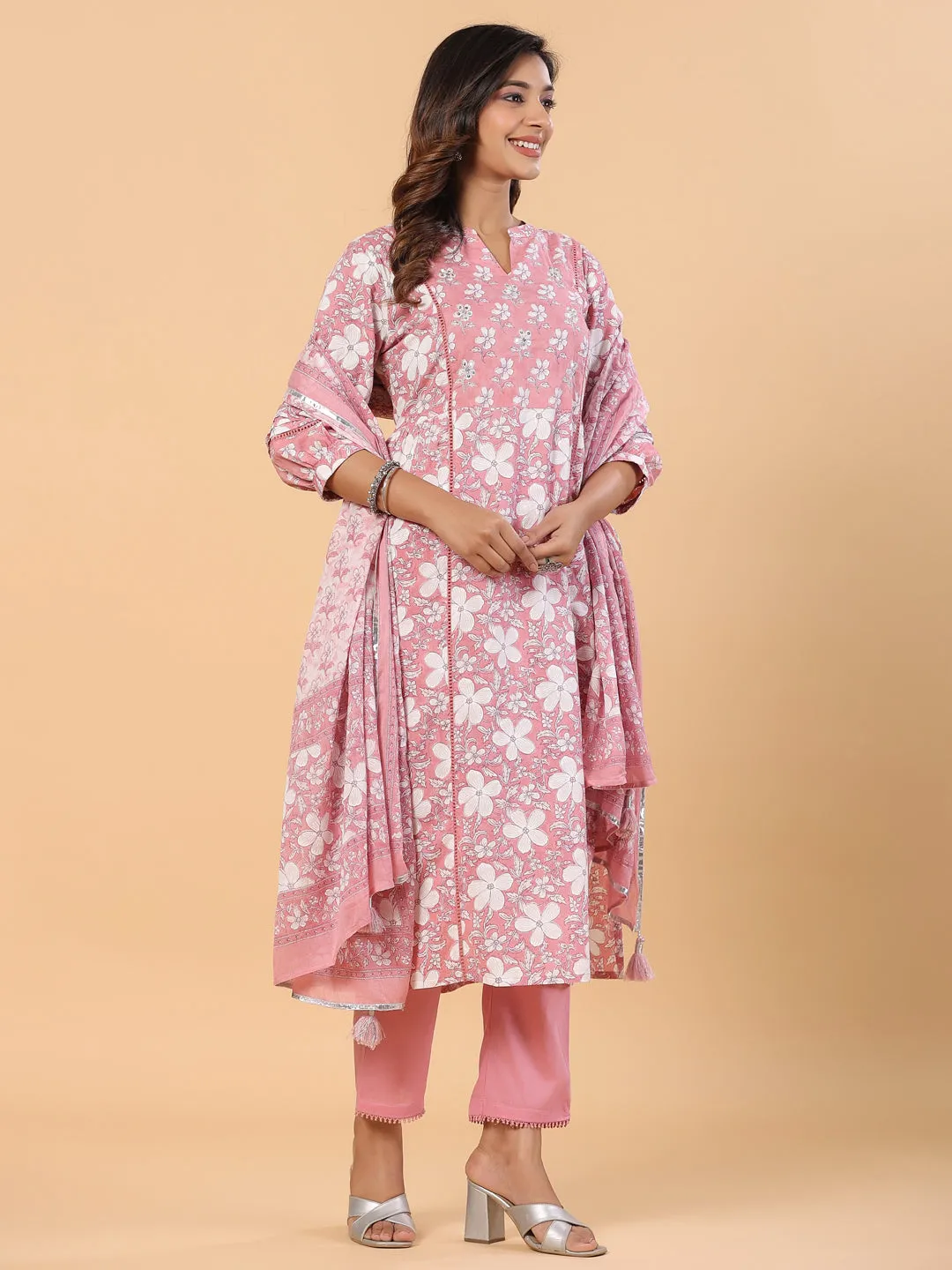 Pink Pure Cotton Floral Print Zari Work Straight Kurta Pant Dupatta Set