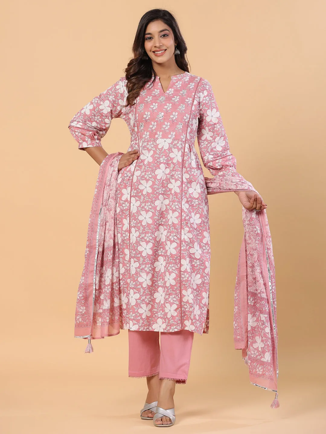 Pink Pure Cotton Floral Print Zari Work Straight Kurta Pant Dupatta Set