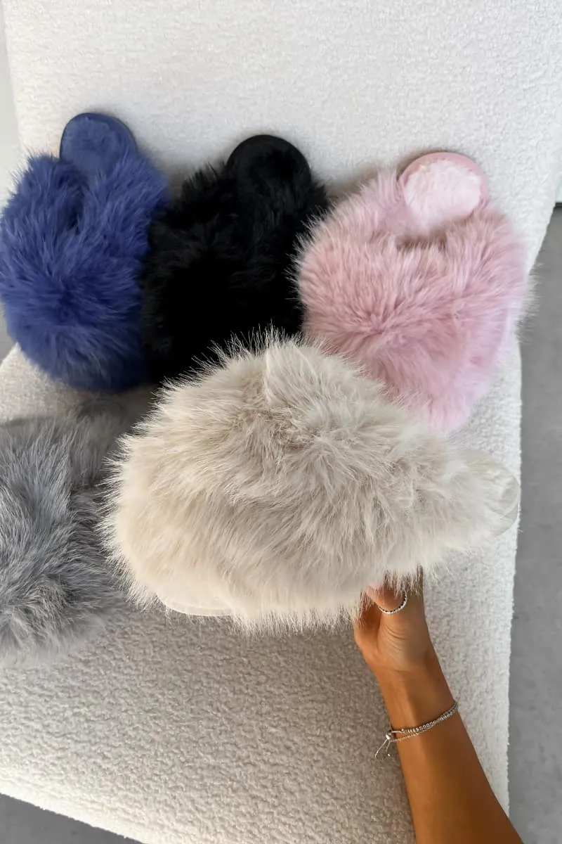 POLLY Faux Fur Oversized Slippers - Beige