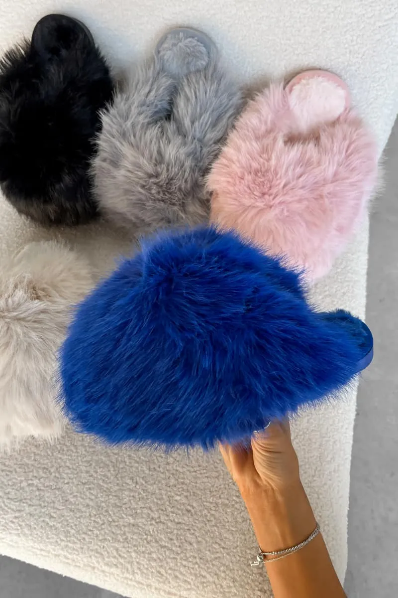 POLLY Faux Fur Oversized Slippers - Blue