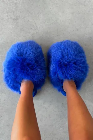 POLLY Faux Fur Oversized Slippers - Blue