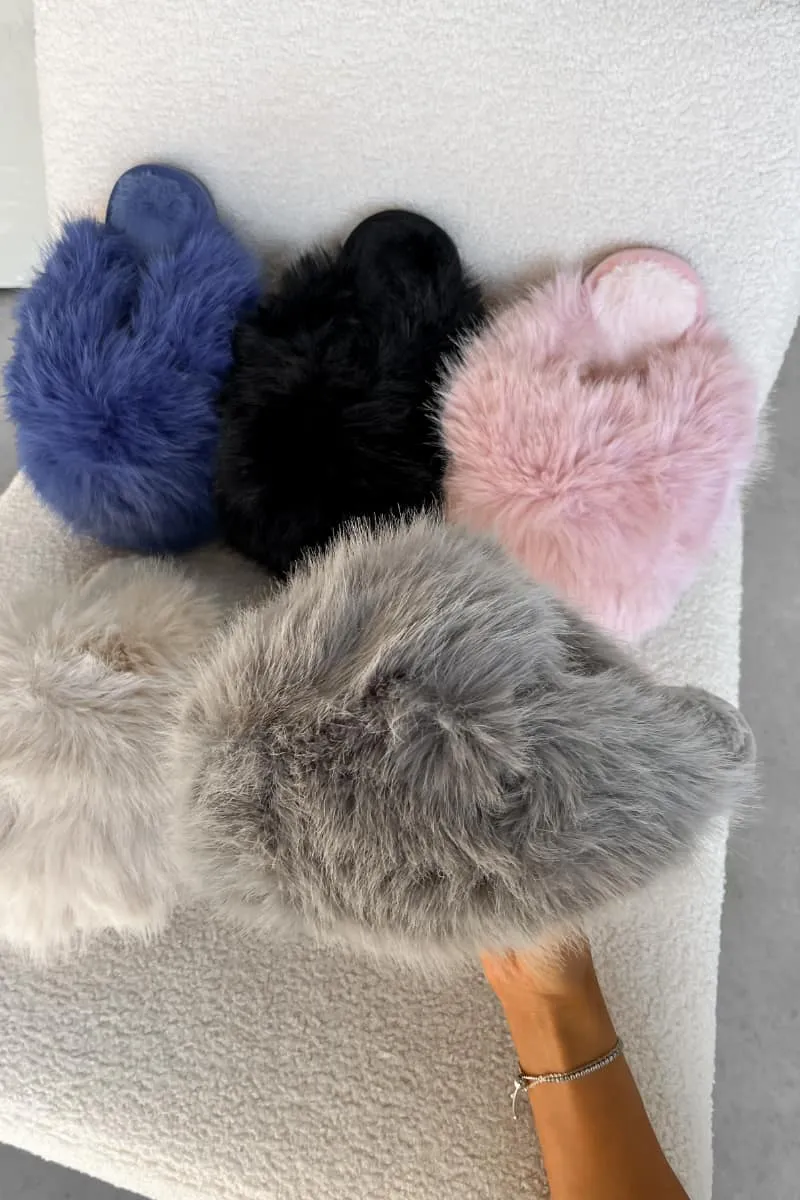 POLLY Faux Fur Oversized Slippers - Grey