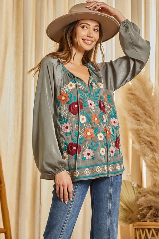 Savanna Jane Velvety Embroidered Satin Blouse - Charcoal