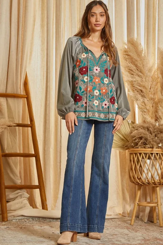 Savanna Jane Velvety Embroidered Satin Blouse - Charcoal
