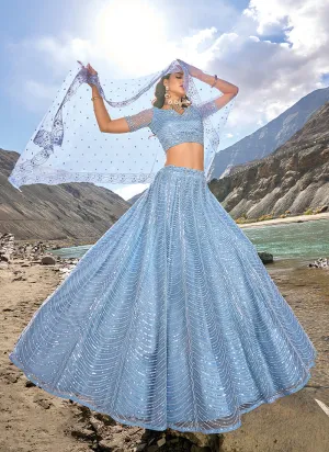 Sky Blue Handwork Embroidery Wedding Lehenga Choli