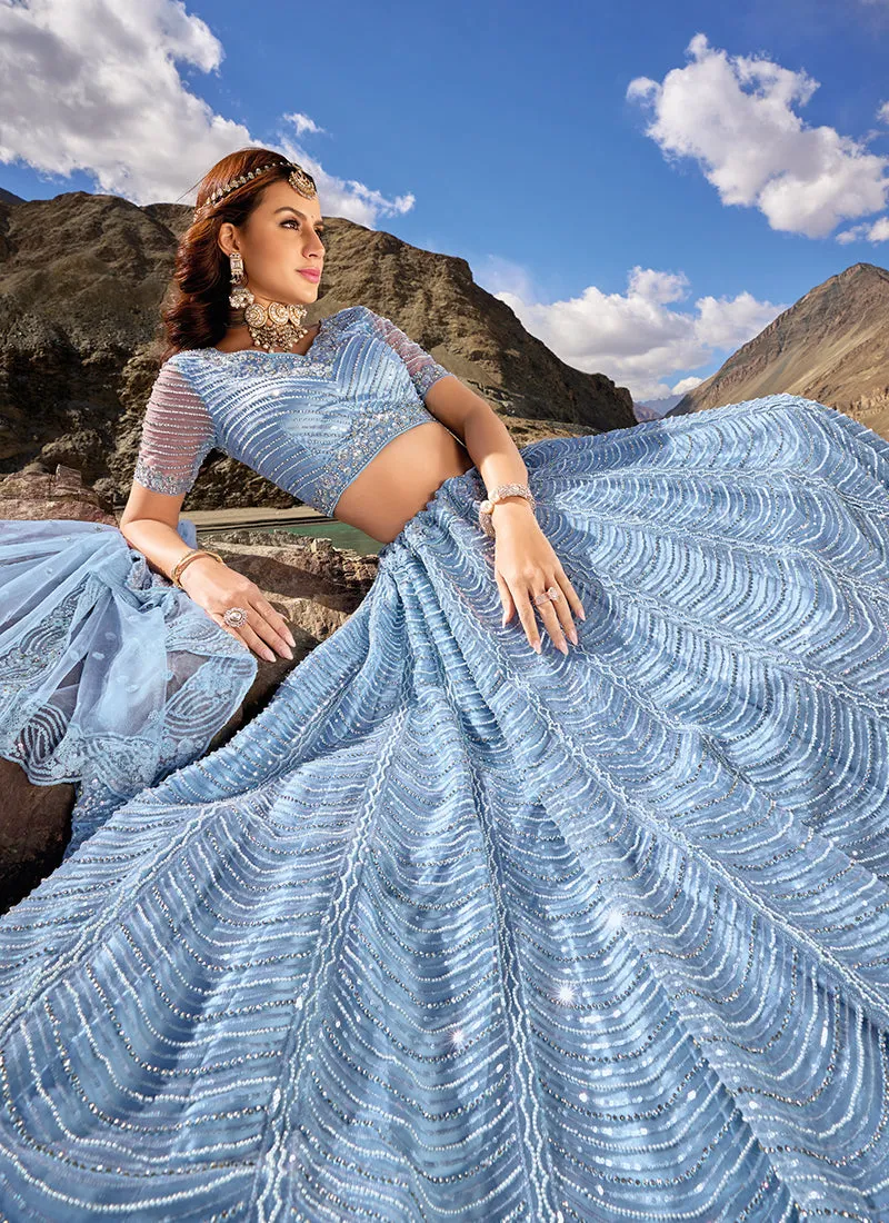 Sky Blue Handwork Embroidery Wedding Lehenga Choli