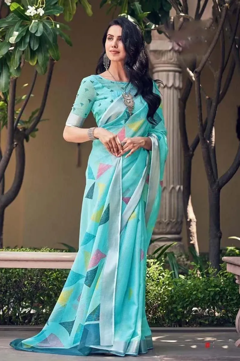 Stylish Light Blue Colored Festive Wear Pure Linen Designer Saree
