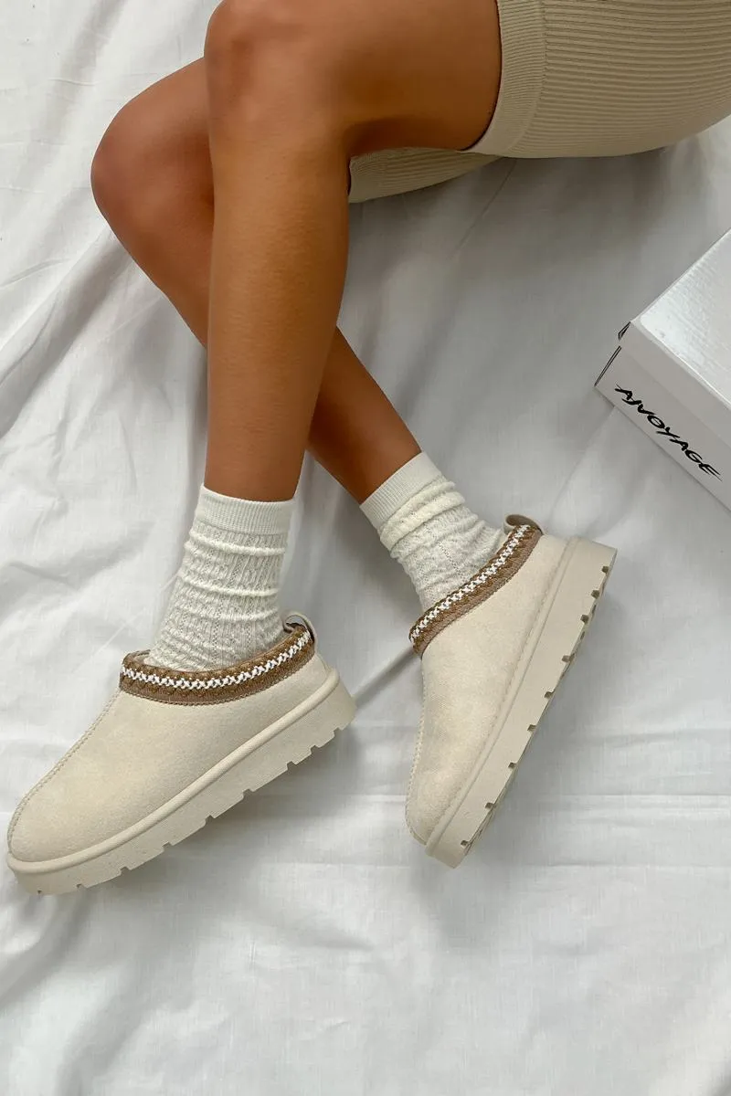 TALA Suede Embroidered Slippers - Cream