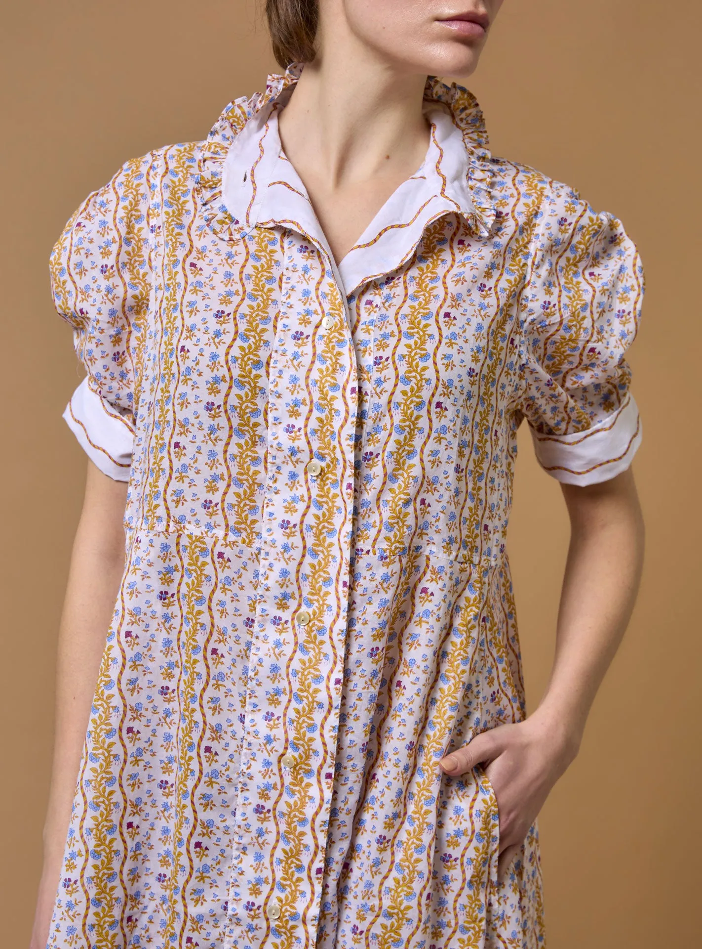 Venetia Dress - Liselund Print -  Mustard / Bluebell