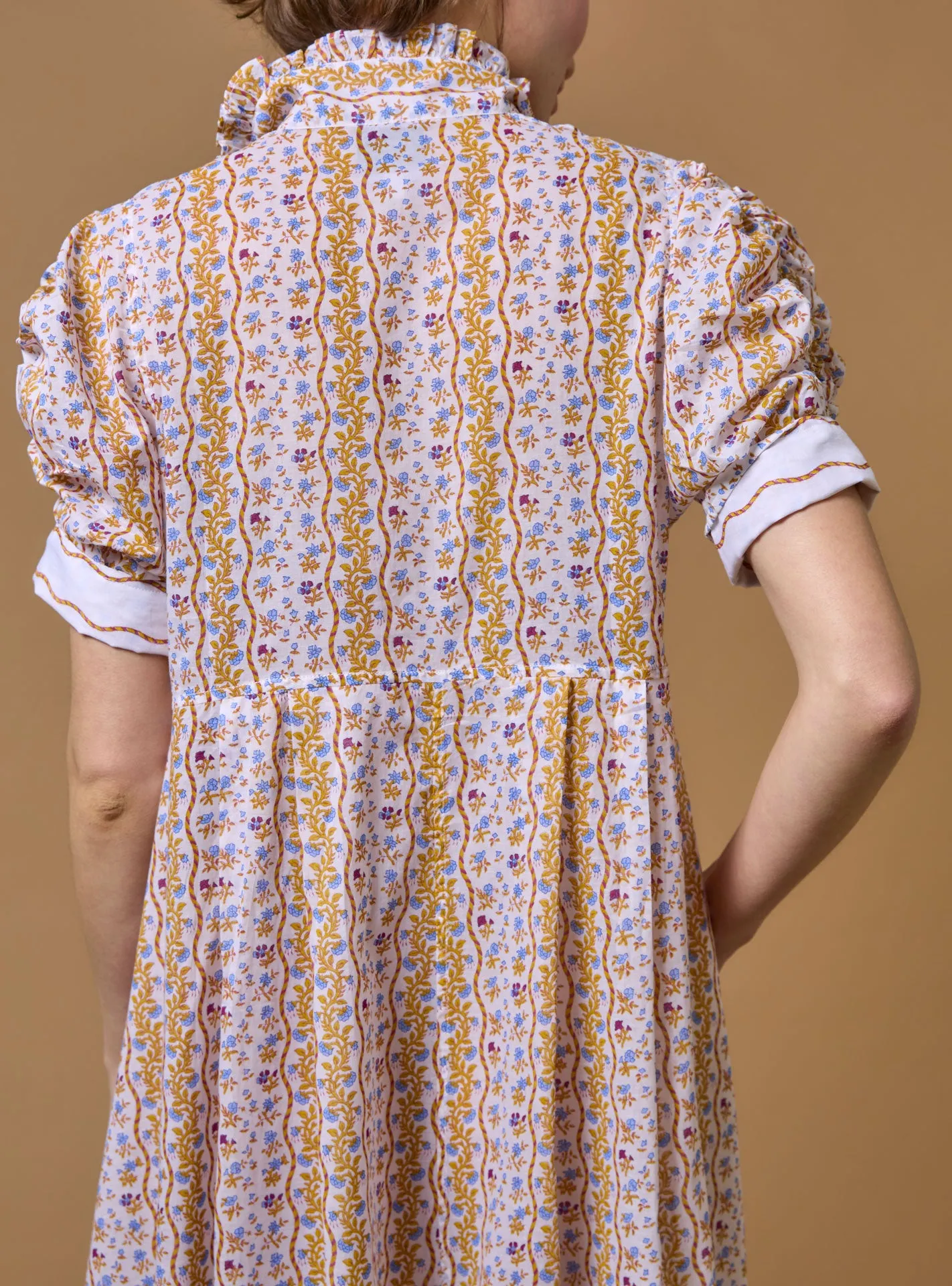 Venetia Dress - Liselund Print -  Mustard / Bluebell