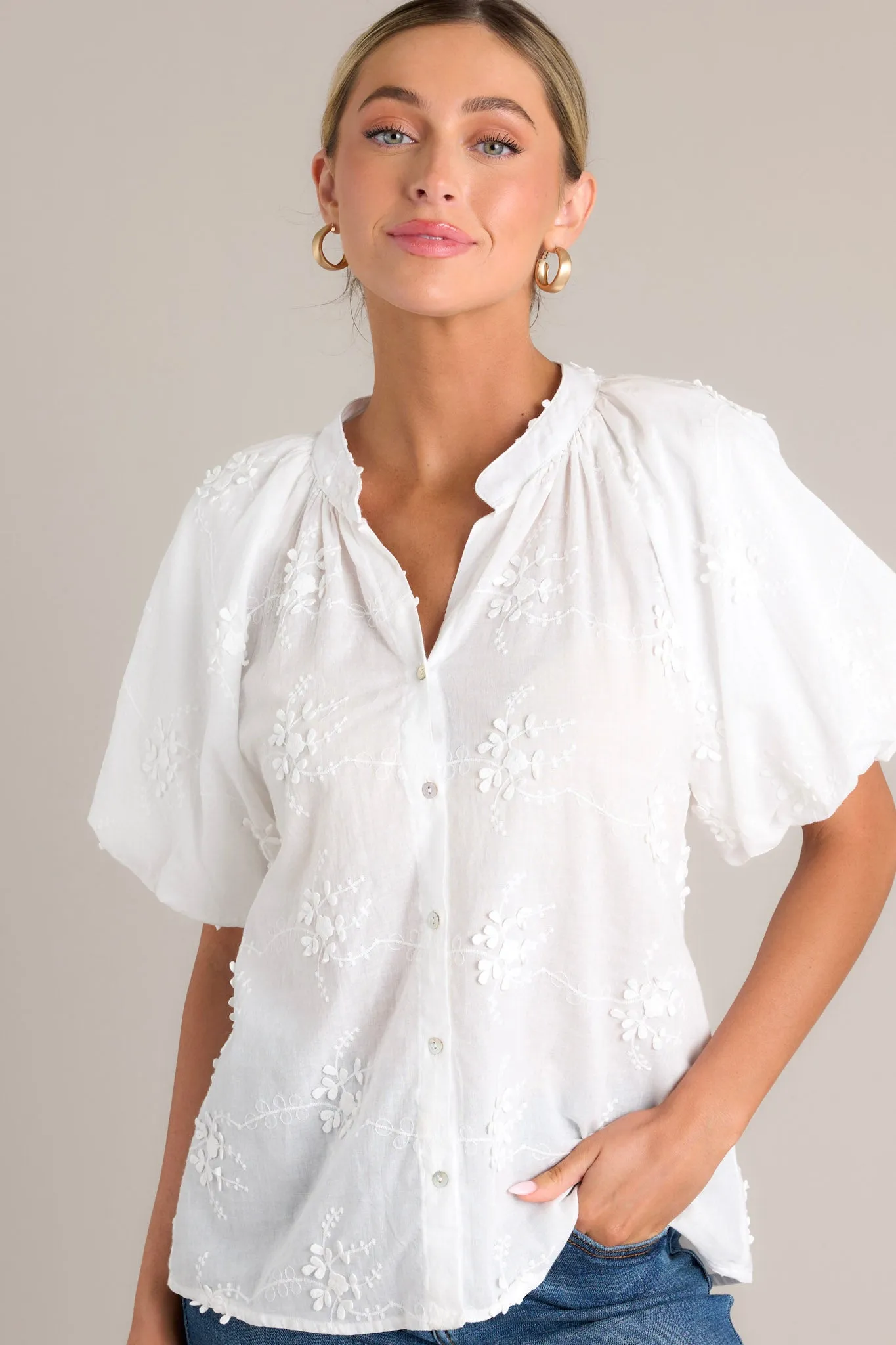 Whispering Petals White Embroidered Button Front Top