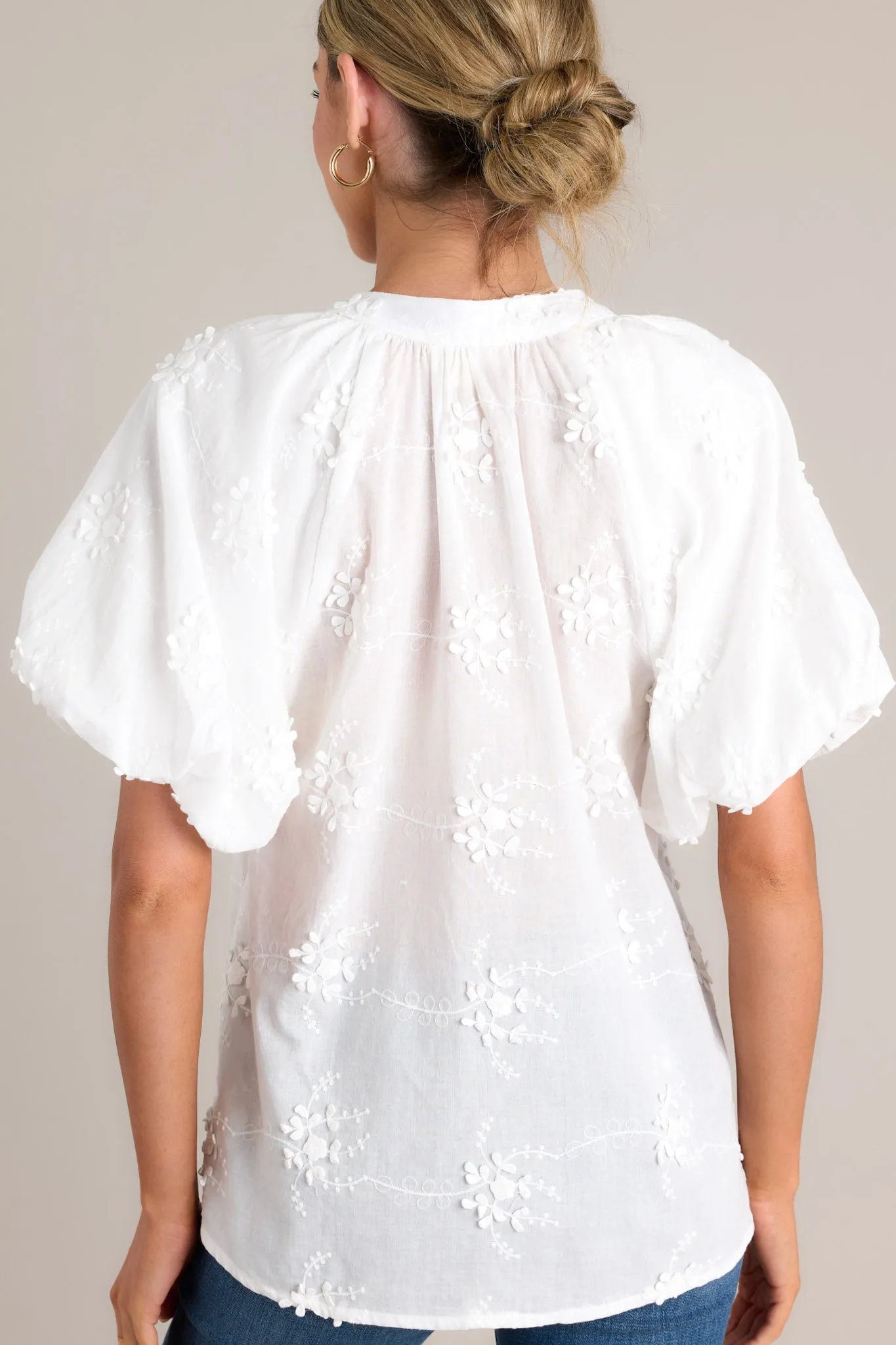 Whispering Petals White Embroidered Button Front Top