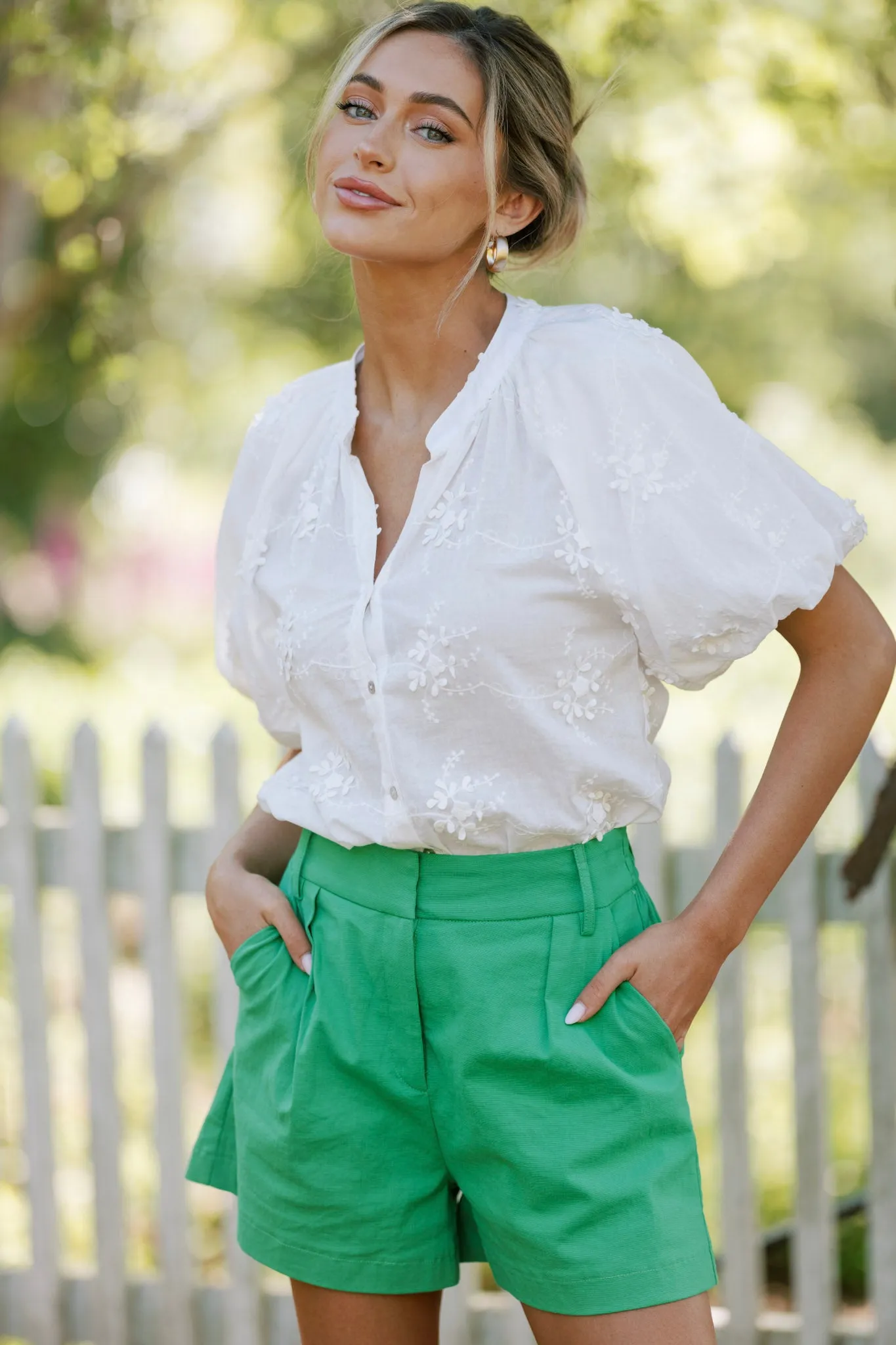 Whispering Petals White Embroidered Button Front Top
