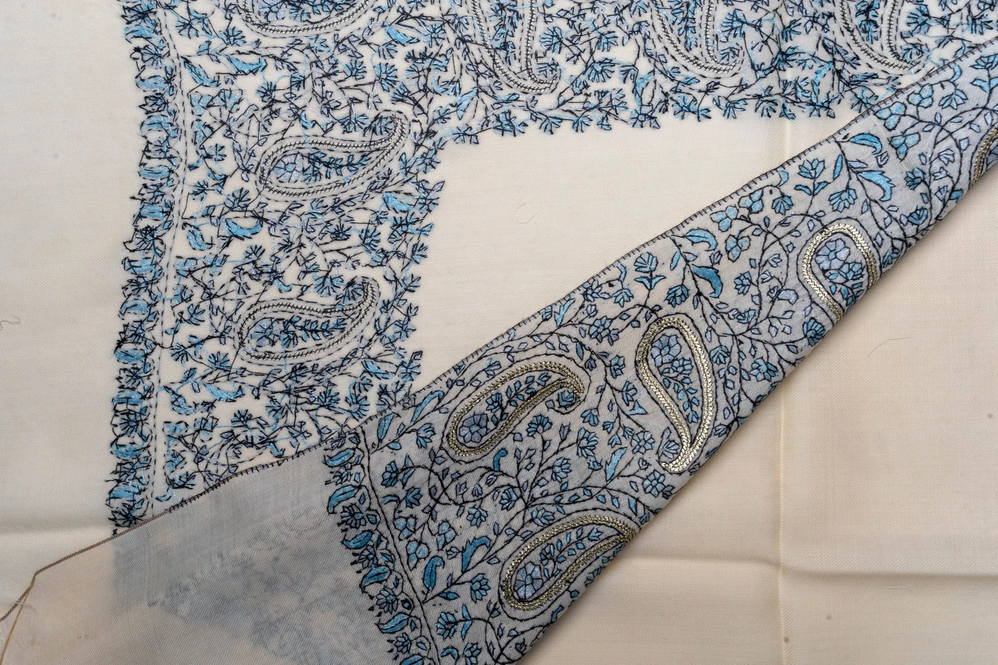 Winter Serenity Merino Wool Hand Embroidered Tilla & Sozni Shawl