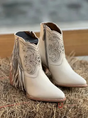 WOMENS CUADRA BOTÍN MIKONOS LATE WHITE OVERLAY & STUDS & FRINGE POINTED TOE