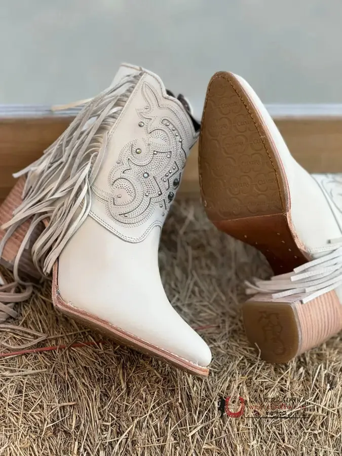 WOMENS CUADRA BOTÍN MIKONOS LATE WHITE OVERLAY & STUDS & FRINGE POINTED TOE