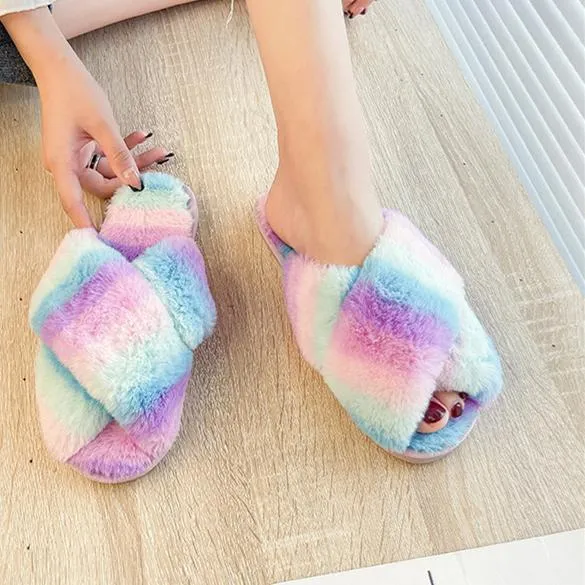 Women's rainbow cirss peep toe slippers indoors shoes