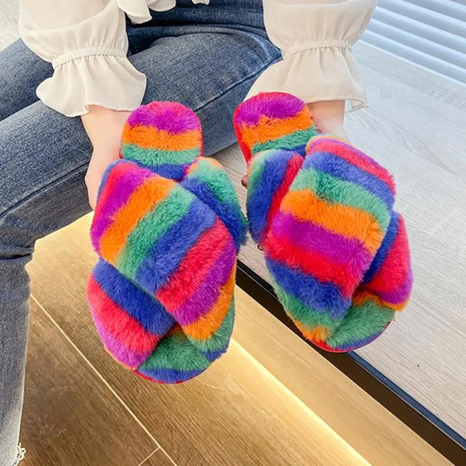 Women's rainbow cirss peep toe slippers indoors shoes