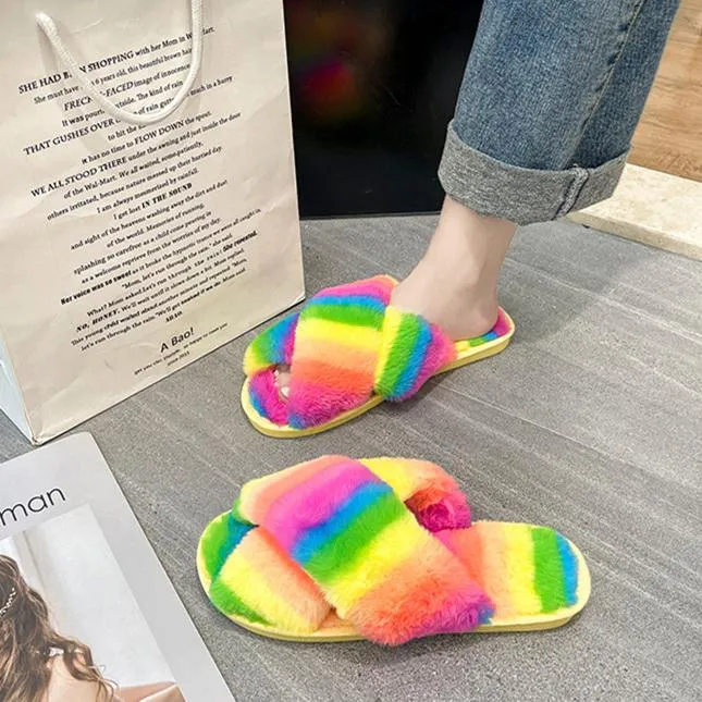 Women's rainbow cirss peep toe slippers indoors shoes